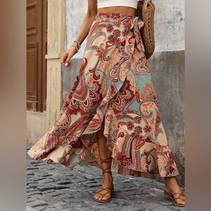 Shein Beige Multi Paisley Wrap Tie‎ Boho Casual Street Skirt Medium 6